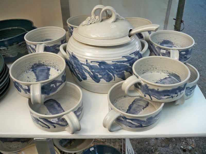 White Tureen & Blue Soup Mugs